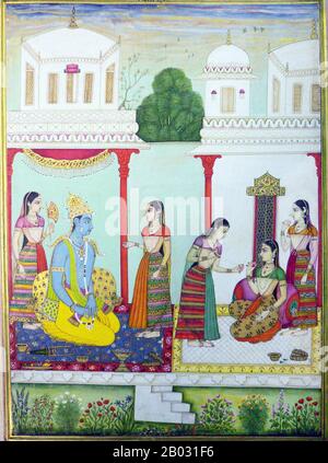 Le Ramayana est une ancienne épopée de Sanskrit. Il est attribué à la sauge hindoue Valmiki et forme une partie importante du canon hindou, considéré comme basé sur des événements historiques. Le Ramayana dépeint les devoirs des relations, dépeignant des personnages idéaux comme le serviteur idéal, le frère idéal, la femme idéale et le roi idéal. Le nom Ramayana est un composé de tatpurusha de Rāma et ayana (allant, avançant), traduisant en "Rama's Journey". Le Ramayana se compose de 24 000 versets dans sept livres (kāṇḍas) et 500 cantos (sargas), et raconte l'histoire de Rama (un Avatar du Dieu conservateur hindou Banque D'Images