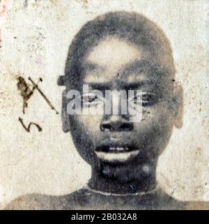 Cette photographie d'un esclave africain Libéré a été prise après qu'ils aient été libérés des navires en pente par la marine britannique. De 1861 à 1874, plus de 2500 « Africains Libérés » ont été expédiés à Port Victoria, Seychelles. Alors que le commerce des esclaves a continué à travers l'Afrique orientale et australe et l'Océan Indien, les 'libérés' ont été emmenés dans un dépôt, classé par le Magistrate de District, photographié, renommé et assigné comme 'apprentis' aux plantations d'origine française, où ils ont été indentés pendant cinq ans. Banque D'Images