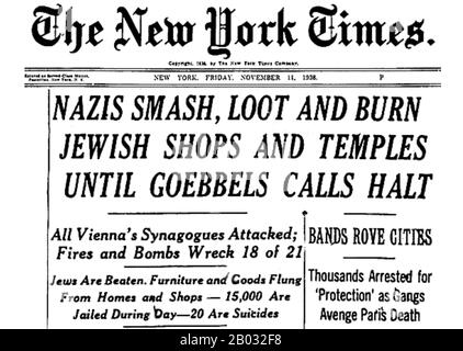 Kristallnacht ou "Crystal Night", également appelée la Nuit de verre Brisé, était un pogrom contre les juifs dans toute l'Allemagne nazie et l'Autriche qui a eu lieu du 9 au 10 novembre 1938, mené par les forces paramilitaires de sa (Sturmabteilung ou Brownshirts) et les civils allemands. Les autorités allemandes ont examiné sans intervenir. Le nom de Kristallnacht vient des barons de verre brisé qui ont jonché les rues après que les magasins, les bâtiments et les synagogues appartenant à des Juifs avaient leurs fenêtres écrasées. Banque D'Images