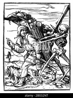 C'est l'une des séries célébrées de petites coupures de bois que Holbein a conçu sur le thème de la mort. Dans les mots de Christian Rümelin: 'Death est représenté dans plusieurs déguisements dans ces illustrations, allant de l'agent meurtrier (du moine, commerçant, chandler, homme riche, chevalier, comte et noble) au commentateur d'avertissement (du pape, empereur, cardinal, juge, alderman, avocat, et prédicateur)'. Les membres de la société sont principalement dépeints dans une situation conçue pour critiquer un type spécifique de comportement "uch comme la corruption du juge, la vanité du canon, l'acquittement des riches Banque D'Images