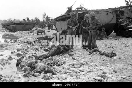 La bataille de Peliu a été combattue entre les Etats-Unis et l'Empire du Japon au Théâtre du Pacifique de la seconde Guerre mondiale, de septembre à novembre 1944 sur l'île de Peliu (aujourd'hui Palau). Les marines américaines de la première division marine, et plus tard les soldats de la 81ème division d'infanterie de l'armée américaine, se sont battus pour capturer une piste d'atterrissage sur la petite île de corail. Cette bataille faisait partie d'une campagne offensive plus vaste connue sous le nom d'opération Forager, qui s'est déroulée de juin à novembre 1944 au Pacific Theatre of Operations. Banque D'Images