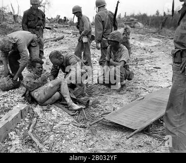 La bataille de Peliu a été combattue entre les Etats-Unis et l'Empire du Japon au Théâtre du Pacifique de la seconde Guerre mondiale, de septembre à novembre 1944 sur l'île de Peliu (aujourd'hui Palau). Les marines américaines de la première division marine, et plus tard les soldats de la 81ème division d'infanterie de l'armée américaine, se sont battus pour capturer une piste d'atterrissage sur la petite île de corail. Cette bataille faisait partie d'une campagne offensive plus vaste connue sous le nom d'opération Forager, qui s'est déroulée de juin à novembre 1944 au Pacific Theatre of Operations. Banque D'Images