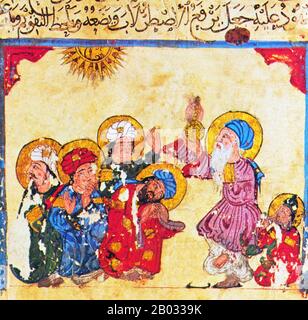 Le "Maqama" est une collection de contes arabes picaresques écrits sous la forme de prose rhymée dans laquelle l'extravagance rhétorique est visible. Le style a été inventé au Xe siècle par Badi al-Zaman al-Hamadhani et étendu par Abu Muhammed al-Qasim ibn Ali al-Hariri de Bassora au siècle suivant. Les protagonistes de ces récits sont invariablement des husters argentés, en particulier le rugissement d'Abu Zaid al-Saruji, qui fait des tours au narrateur et qui vivent sur leurs wits et éblouissent les spectateurs avec des expositions d'acrobaties, agissant et en récitant la poésie. Banque D'Images