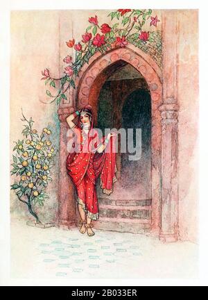 Warwick Goble (22 novembre 1862 – 22 janvier 1943) était illustrateur de livres pour enfants. Il s'est spécialisé dans les thèmes Orientalistes et indiens. Goble est né à Dalston, dans le nord de Londres, fils d'un voyageur commercial, et a fait ses études et sa formation à la City of London School et à la Westminster School of Art. Il a travaillé pour une imprimante spécialisée dans la chromolithographie et a contribué à la Gazette du centre commercial Pall et à la Westminster Gazette. En 1909, il est devenu illustrateur résident de livre-cadeau pour MacMillan et a produit des illustrations pour les bébés d'eau, le saule vert, et D'Autres contes de fées japonais, Le Co Banque D'Images