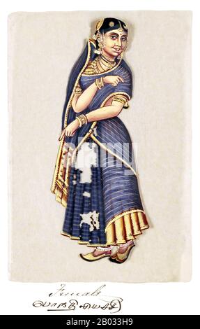 Une page du manuscrit soixante-dix Deux Spécimens de castes en Inde, qui se compose de 72 images peintes à la main pleine couleur d'hommes et de femmes des différentes castes et des groupes religieux et ethniques trouvés à Madura, en Inde à cette époque. Chaque dessin a été réalisé sur mica, un minéral transparent et floconneux qui se divise en feuilles minces et transparentes. Comme indiqué sur la page de présentation, l'album a été compilé par le maître d'écriture indien à une école anglaise établie par des missionnaires américains à Madura, et donné au révérend William Twining. Le manuscrit montre la robe indienne et l'ornement de bijoux dans le Banque D'Images