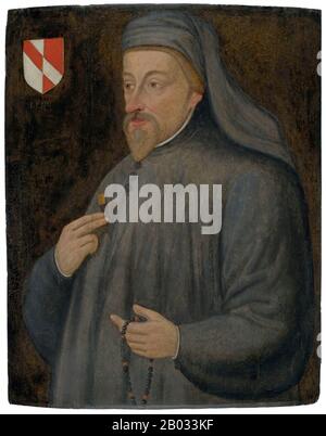 Geoffrey Chaucer (c. 1343 – 25 octobre 1400), célébrée comme le Père de la littérature anglaise, est largement considérée comme le plus grand poète anglais du Moyen âge et fut le premier poète à être enterré dans le coin des poètes de l'abbaye de Westminster. Bien qu'il ait atteint la célébrité pendant sa vie en tant qu'auteur, philosophe et astronome, en composant un traité scientifique sur l'astrolabe pour son fils de dix ans Lewis, Chaucer a également maintenu une carrière active dans la fonction publique en tant que bureaucrate, courtiste et diplomate. Parmi ses nombreuses œuvres figurent le Livre de la duchesse, la Maison de la renommée, La Légende Des Bonnes femmes A. Banque D'Images