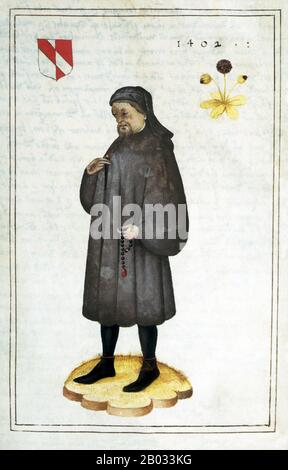 Geoffrey Chaucer (c. 1343 – 25 octobre 1400), célébrée comme le Père de la littérature anglaise, est largement considérée comme le plus grand poète anglais du Moyen âge et fut le premier poète à être enterré dans le coin des poètes de l'abbaye de Westminster. Bien qu'il ait atteint la célébrité pendant sa vie en tant qu'auteur, philosophe et astronome, en composant un traité scientifique sur l'astrolabe pour son fils de dix ans Lewis, Chaucer a également maintenu une carrière active dans la fonction publique en tant que bureaucrate, courtiste et diplomate. Parmi ses nombreuses œuvres figurent le Livre de la duchesse, la Maison de la renommée, La Légende Des Bonnes femmes A. Banque D'Images