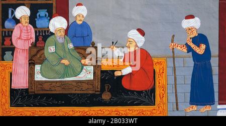 Abu Alī al-Husayn ibn Abd Allah ibn Sina (c. 980, Afshana près de Boukhara– 1037, Hamadan, Iran), communément appelé Ibn Sina ou par son nom latinisé Avicenne, était un polymath persan qui a écrit près de 450 traités sur un large éventail de sujets, dont environ 240 ont survécu. En particulier, 150 de ses traités survivants se concentrent sur la philosophie et 40 d'entre eux se concentrent sur la médecine. Ses œuvres les plus célèbres sont le "Livre de guérison", une vaste encyclopédie philosophique et scientifique, et le "Canon de médecine", qui était un texte médical standard dans de nombreuses universités médiévales. « Le Canon De Medic Banque D'Images