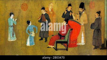 'The Night Revels of Han Xizai' est un rouleau peint représentant Han Xizai, ministre de l'empereur du Sud Tang Li Yu (937-978). Cette peinture narrative est divisée en cinq sections distinctes: Han Xizai écoute la Pipa, montre des danseurs, prend un repos, écoute de la musique, puis voit les invités hors. L'original, peint par Gu Hongzhong (937-975), est perdu, mais un exemplaire du XIIe siècle, logé dans le Musée du Palais de Beijing, survit (reproduit ici). Le défilement complet doit être affiché de droite à gauche. Banque D'Images