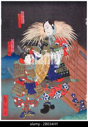 Utagawa Yoshitaki (13 avril 1841 – 28 juin 1899), également connu sous le nom d'Ichiyosai Yoshitaki, était un concepteur de gravures japonaises de type ukiyo-e. Il était actif à Edo (Tokyo) et Osaka et était également peintre et illustrateur de journaux. Yoshitaki était étudiant d'Utagawa Yoshiume (1819–1879). Il est devenu le concepteur le plus prolifique de gravures de bois à Osaka des années 1860 aux années 1880, produisant plus de 1 200 empreintes différentes, presque tous des acteurs kabuki. Banque D'Images