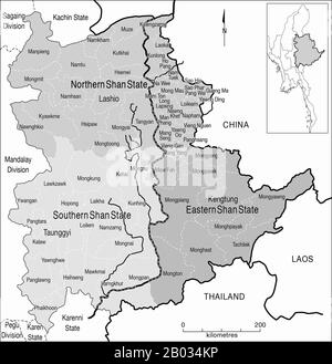 L'État de Shan est traditionnellement divisé en trois sous-états : l'État de Shan Nord, l'État de Shan est et l'État de Shan Sud. Il est également officiellement divisé en 11 districts : Taunggyi, Loilem, Kyaukme, Muse, Laukkaing (Laogai), Kunlong, Lashio, Kengtung, Mong Hsat, Mong Hpayak et Tachileik. Un district supplémentaire, le district de Hopang, a été formé comme 12ème district de l'État de Shan en combinant les cantons de Mongmao, Pangwaun (Panwai), Namphan (Ngaphan) et Pangsang (Pangkham) du district de Lashio, du canton de Matman du district de Kengtung, du canton de Hopang et des sous-cantons de Panlong et Namtit de Kunlong Banque D'Images