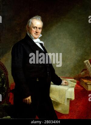 James Buchanan, Jr. (23 avril 1791 – 1er juin 1868) était le 15ème président des États-Unis (1857–1861), servant immédiatement avant la guerre civile américaine. Il a représenté la Pennsylvanie à la Chambre des Représentants des États-Unis et, plus tard, le Sénat, a ensuite été ministre en Russie sous la présidence d'Andrew Jackson. Il a été nommé secrétaire d'État sous la présidence de James K. Polk et, à compter de 2016, il est le dernier ancien secrétaire d'État à être président des États-Unis. Après que Buchanan a proposé de siéger à la Cour suprême, le président Franklin Pierce l'a nommé ambassadeur t Banque D'Images