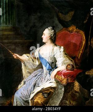Catherine II de Russie (Russe: Yekaterina Alekseyevna, 2 mai 1729 – 17 novembre 1796), était la plus célèbre et la plus longue dirigeante de Russie, régnant de 1762 jusqu'à sa mort en 1796 à l'âge de 67 ans. Née à Stettin, en Poméranie, en Prusse sous le nom de Sophie Friederike Auguste von Anhalt-Zerbst-Dornburg, elle est arrivée au pouvoir suite à un coup d'État quand son mari, Peter III, a été assassiné. La Russie a été revitalisée sous son règne, elle a connu une croissance plus importante et plus forte que jamais et elle est reconnue comme l'une des grandes puissances de l'Europe. Banque D'Images