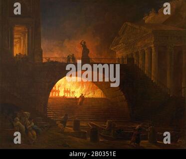 Le Grand incendie de Rome fut un incendie urbain qui a débuté entre le 18 et le 19 juillet 64 ce, sous le règne de l'empereur Nero. Il a provoqué une destruction généralisée dans toute la ville, brûlant pendant plus de six jours. De nombreux comptes prétendent que Nero était responsable de l'amorce du feu, de créer de l'espace pour construire son nouveau complexe palatial, le Domus Aurea. En réponse aux accusations, Nero a accusé le feu de la communauté chrétienne de Rome, ce qui a entraîné la première persécution organisée contre le christianisme dans l'empire. Banque D'Images