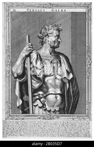 Né à Servius Sulpicius Galba le 24 décembre (3 BCE – 15 janvier 69 ce), Galba est venu d'une famille noble et riche, bien qu'il n'ait aucun lien à la naissance et seulement un lien très éloigné par adoption à l'une des dynasties Julio-Claudian. Refusant l'encouragement des amis à faire une offre pour l'empire après l'assassinat de Caligula, Galba a loyalement servi Claudius, et a vécu pour la plupart du règne de Nero en retraite. Cependant, en 68 ce, il a été informé de l'intention de Nero de le faire tuer, et il a fait défection de Nero pour se sauver. Après le suicide de Nero, Balba a été nommé César et a tué de nombreux soldats Banque D'Images