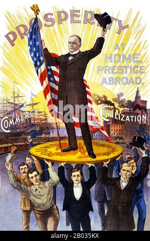 William McKinley (29 janvier 1843 – 14 septembre 1901) était un politicien et avocat américain qui a été le 25 président des États-Unis du 4 mars 1897 jusqu'à son assassinat en septembre 1901, six mois avant son second mandat. McKinley a mené la nation à la victoire dans la guerre hispano-américaine, a augmenté les droits de douane protecteurs pour promouvoir l'industrie américaine, et a maintenu la nation sur l'étalon-or dans un rejet des propositions inflationnistes. Banque D'Images