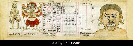 Le texte du manuel est en tibétain, qui était le langage liturgique du bouddhisme mongol. Semblable aux livres traditionnels tibétains, ce manuscrit se compose de feuilles oblongues non liées écrites des deux côtés. Suivant également la tradition, le livre est enveloppé dans un tissu de soie avec des cordes le liant dans un paquet serré. Le papier fait à la main a probablement été importé, les encres et les colorants utilisés pour le manuscrit ont probablement été faits à la main localement, et il a probablement été copié par un scribe de moine professionnel. Bien qu'il ait été copié dans les années 1800, l'information dans le texte est susceptible d'être beaucoup centuri Banque D'Images