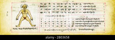 Le texte du manuel est en tibétain, qui était le langage liturgique du bouddhisme mongol. Semblable aux livres traditionnels tibétains, ce manuscrit se compose de feuilles oblongues non liées écrites des deux côtés. Suivant également la tradition, le livre est enveloppé dans un tissu de soie avec des cordes le liant dans un paquet serré. Le papier fait à la main a probablement été importé, les encres et les colorants utilisés pour le manuscrit ont probablement été faits à la main localement, et il a probablement été copié par un scribe de moine professionnel. Bien qu'il ait été copié dans les années 1800, l'information dans le texte est susceptible d'être beaucoup centuri Banque D'Images