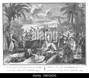 SATI (également orthographié suttee) est une coutume obsèque hindou obsolète où une veuve s'immole sur le pyre de son mari, ou se suicide d'une autre manière peu après la mort de son mari. Cependant, le sati pourrait prendre la forme de l'inhumation de veuve chaque fois que la caste ou la communauté du défunt l'a appelé, comme par exemple avec les tisserands Jogi du Bengale, ou avec le Jasnaice du Rajasthan, une branche perdue des musulmans Ismaili qui se sont reconvertis en hindouisme. Banque D'Images