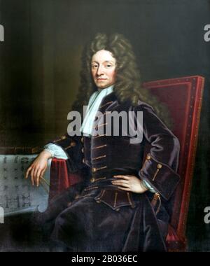 Sir Christopher Wren PRS (30 octobre 1632 – 8 mars 1723) est l'un des architectes anglais les plus renommés de l'histoire. Il a reçu la responsabilité de reconstruire 52 églises dans la ville de Londres après le Grand incendie en 1666, y compris ce qui est considéré comme son chef-d'œuvre, la cathédrale Saint-Paul, sur la colline de Ludgate, terminée en 1710. Instruit en physique latine et Aristotélienne à l'Université d'Oxford, Wren était un anatomiste, astronome, géomètre et mathématicien-physicien remarquable, ainsi qu'un architecte. Il fut fondateur de la Société royale (président 1680–82) et de son wor scientifique Banque D'Images