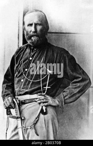 Giuseppe Garibaldi (4 juillet 1807 à Nice – 2 juin 1882 sur Caprera) était un général, un politicien et un nationaliste italien qui a joué un rôle important dans l'histoire de l'Italie. Il est considéré, avec Camillo Cavour, Victor Emmanuel II et Giuseppe Mazzini, comme l'un des 'pères de la nation' d'Italie. Banque D'Images