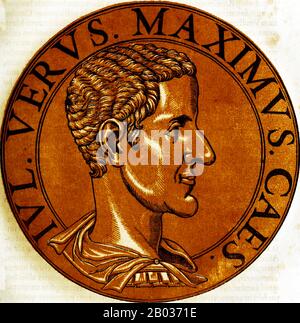 Gaius Julius Verus Maximus (217/220-238), parfois connu à tort sous le nom de Gaius Julius Verus Maximinus ou Maximinus le plus jeune, était le fils de l'empereur Thraco-romain Maximinus Thrax. Maximus a été nommé César en 236, mais a eu peu de pouvoir réel jusqu'à ce qu'il ait été assassiné aux côtés de son père en 238 par la Garde prétorienne, pendant le siège d'Aquileia. Banque D'Images