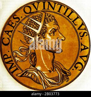 Quintillus (212-270) est né à Sirmium à une famille de naissance basse, ne venant à n'importe quelle proéminence que lorsque son frère Claudius II Gothicus est devenu empereur en 268. Lorsque Claudius II est décédé deux ans plus tard en 270 ans, Quintillus a été déclaré son successeur, soit par le Sénat romain, soit par les soldats de son frère. Les dates exactes et la durée du règne de Quintillus sont contradictoires, et durent de 17 à 177 jours. De même, la cause de sa mort est inconnue, certaines sources indiquant qu'il a été assassiné par ses propres soldats pour sa discipline militaire stricte, tandis que d'autres le rapportent être tué dans la bataille ag Banque D'Images