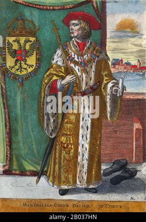 Maximilian I (1459-1519) était le fils de l'empereur Frédéric III, et était marié à Marie de Bourgogne en 1477, fille du duc Charles le Bold, régnant les domaines barguignons par sa femme et leurs enfants quand elle mourut en 1482. Il a été élu roi d'Allemagne en 1486 à l'initiative de son père, régnant ensemble jusqu'à la mort de son père en 1493. Maximilian devient alors le seul dirigeant et fut couronné empereur romain Saint. Les premières actions de Maximilian étaient de reconquérir de grands essaims d'Autriche qui avaient été occupés par la Hongrie. Il a combattu pendant les guerres italiennes, rejoignant l'agai de la Sainte Ligue Banque D'Images