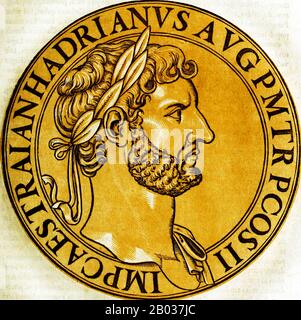 Né Publius Adelius Hadrianus (76-138 ce) à une famille bien établie avec de vieilles racines dans Hispania, Hadrien était lié à l'empereur Trajan par son père, cousin maternel de Trajan. Trajan n'a pas officiellement désigné d'héritier avant sa mort, bien que son épouse Pompeia Plotina affirme que Trajan a nommé Hadrien son successeur juste avant sa mort. Hadrien a beaucoup voyagé pendant son règne, visitant presque toutes les provinces de l'Empire romain. Il a essayé de transformer Athènes en la capitale culturelle de l'Empire, et a eu un amant grec nommé Antinous. Hadrien a également passé beaucoup de temps avec t Banque D'Images