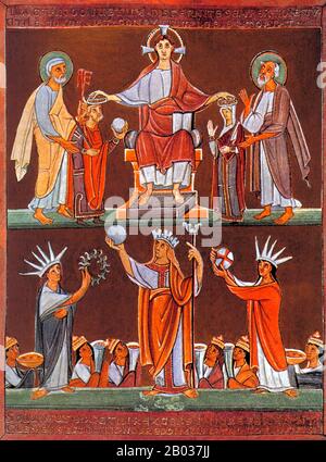 Henry II (974-1024), également connu sous le nom de Henry IV et Saint Henry, était le fils d'Henry II, duc de Bavière et grand-fils du roi Henry I, faisant ainsi partie de la branche bavaroise de la dynastie Ottonienne. En raison de la rébellion de son père contre les deux anciens empereurs, Henry était souvent en exil et est devenu proche de l'Église. Il succède à son père comme duc de Bavière en 995, en prenant le nom d'Henri IV Comme Henry retournait chez lui pour réclamer ses terres, cependant, l'empereur Otto III est mort de fièvre sans héritier pour le succéder. Le chaos politique a déchiré le Saint Empire romain, et Henry a vaincu seve Banque D'Images