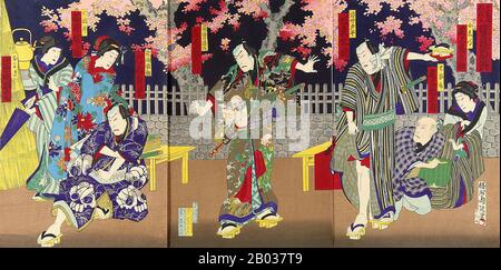 Toyohara Chikanobu, mieux connu pour ses contemporains comme Yōshū Chikanobu, était un artiste prolifique de la période Meiji au Japon. Ses œuvres capturent la transition de l'âge du samouraï à la modernité Meiji. En 1875 (Meiji 8), il décide d'essayer de faire vivre un artiste. Il s'est rendu à Tokyo. Il a trouvé du travail comme artiste pour le Kaishin Shimbun. En outre, il a produit des œuvres d'art nishiki-e. Dans ses jours plus jeunes, il avait étudié l'école de peinture de Kanō; mais son intérêt a été tiré à ukiyo-e. Comme beaucoup d'artistes ukiyo-e, Chikanobu a tourné son attention vers une grande variété de sujets Banque D'Images