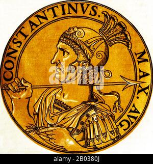 Constantin I (272-337), aussi connu sous le nom de Constantin le Grand et Saint Constantin, était le fils de l'empereur Constantius. Son père l'a envoyé vers l'est pour servir sous Emperors Dioclétien et Galerius, passant quelque temps dans la cour de ce dernier. Après la mort de son père en 306 ce, Constantin a été proclamé son successeur et empereur par son armée à Eboracum (York). Au début, il est resté officiellement neutre dans les efforts de l'empereur Galerius pour vaincre l'usurier Maxentius, mais après la mort de Galerius, Constantin a été traîné dans le conflit. Il a finalement défait Maxentius en 312 ce, puis il a combattu ag Banque D'Images