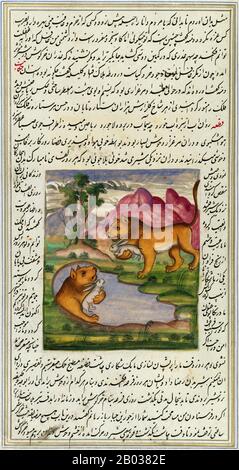 L'Anwar-i Suhayli ou 'The Lights of Canopus', communément connu sous le nom de Fables de Bidpai en Occident, est une version persane de l'ancienne collection indienne de fables animaux, le Panchatantra. Il raconte une histoire d'un médecin persan, Burzuyah, et de sa mission en Inde, où il trébuche sur un livre d'histoires recueillies auprès des animaux qui y résident. Dans une veine similaire à la Arabian Nights, les fables du manuscrit sont tissés entre eux comme les personnages d'une histoire recomptent le suivant, conduisant jusqu'à trois ou quatre degrés d'intégration narrative. Beaucoup ont habituellement des morales ou offrent des glim philosophiques Banque D'Images
