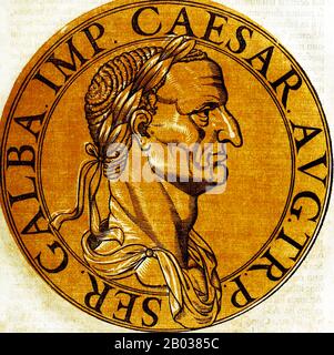 Né Servius Sulpicius Galba, Galba est venu d'une famille noble et riche, bien qu'il n'ait pas de connexion à la naissance et seulement d'une connexion très éloignée par adoption à l'une des dynasties Julio-Claudian. Refusant l'encouragement des amis à faire une offre pour l'empire après l'assassinat de Caligula, Galba a loyalement servi Claudius, et a vécu pour la plupart du règne de Nero en retraite. Cependant, en 68 ce, il a été informé de l'intention de Nero de le faire tuer, et il a fait défection de Nero pour se sauver. Après le suicide de Nero, Galba a été nommé César et tué de nombreux soldats sur son approche de Rome pour faire dem Banque D'Images