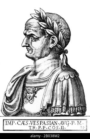 D'une famille équestre qui s'est élevée au rang de sénatrice sous la dyansty Julio-Claudian, Vespasianus - comme on l'appelait alors - a gagné beaucoup de renommée par son record militaire. Il a d'abord servi pendant l'invasion romaine de la Grande-Bretagne en 43 ce, et a ensuite été envoyé par l'empereur Nero pour conquérir la Judée en 66 ce, pendant la rébellion juive. Lors de son siège de Jérusalem, des nouvelles lui sont parvenues du suicide de Nero et de la guerre civile tumultueuse qui s'est produite par la suite, connue sous le nom d'année des Quatre Empereurs. Lorsque Vitellius est devenu le troisième empereur en avril 69, les légions romaines d'Egypte et de Judée ont déclaré Vep Banque D'Images