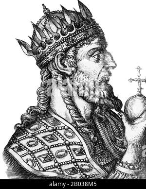 Tiberius II Constantin (520-582) est né à Thrace et ami proche du futur empereur Justin II Tiberius est devenu commandant de la garde impériale des Excubitors, et quand Justin II a accédé à l'empereur, Tiberius a été fait son commandant militaire en chef. Quand Justin a eu une rupture mentale, sa femme Sophia s'est tournée vers Tiberius pour gérer l'empire, et il a été plus tard nommé co-empereur et a adopté son fils par Justin en 574. Tiberius est devenu l'unique empereur après la mort de Justin en 578, et a presque dû faire face à un complot pour le renverser perpétré par la veuve de Justin, l'impératrice dowager Sophia. Le complot a échoué, et Banque D'Images