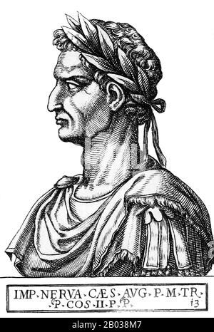 Né en 30 ce, Marcus Cocceius Nerva (30-98 ce) était membre de la noblesse italienne plutôt que de l'élite romaine, bien que les Cocceii soient encore l'une des familles politiques les plus appréciées et influentes de la République tardive et du début de l'Empire. Nerva a servi une grande partie de son service impérial sous Nero et la dynastie Flavière, et quand Domitian a été assassiné en 96 ce par un complot de gardiens de la liberté et de la Garde prétorienne, Nerva a été déclaré empereur par le sénat romain. Cela a marqué la première fois que le Sénat avait jamais élu un empereur. Il avait soixante-cinq ans lorsqu'il devint empereur, et l'un de ses principaux objectifs était de re Banque D'Images