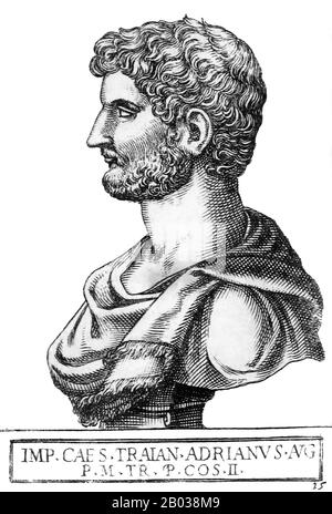 Né Publius Adelius Hadrianus (76-138 ce) à une famille bien établie avec de vieilles racines dans Hispania, Hadrien était lié à l'empereur Trajan par son père, cousin maternel de Trajan. Trajan n'a pas officiellement désigné d'héritier avant sa mort, bien que son épouse Pompeia Plotina affirme que Trajan a nommé Hadrien son successeur juste avant sa mort. Hadrien a beaucoup voyagé pendant son règne, visitant presque toutes les provinces de l'Empire romain. Il a essayé de transformer Athènes en la capitale culturelle de l'Empire, et a eu un amant grec nommé Antinous. Hadrien a également passé beaucoup de temps avec t Banque D'Images