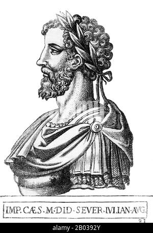 Didius Julianus (133/137-193) a été élevé par Domitia Lucilla, la mère de l'empereur Marcus Aurelius, et a été soigné pour la fonction publique et la distinction. Il a servi dans l'armée romaine, et a été élevé au consulat aux côtés de Pertinax en 175 ce pour ses succès contre les tribus germaniques. Après que la Garde prétorienne a assassiné Pertinax en mars 193, ils ont mis le trône impérial pour avoir fait des appels d'offres, prêts à le vendre à qui pourrait payer le plus. Julianus a gagné la guerre d'appel d'offres, et a été déclaré César et empereur, avec le Sénat officialisant la déclaration sous la menace militaire. Son asce controversé Banque D'Images