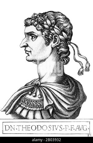 Theodosius I (347-395), aussi connu sous le nom de Theodosius le Grand, est né dans une famille militaire à Hispania. Il a servi avec son père jusqu'à son exécution en 374, après quoi Theodosius a pris sa retraite à Hispania jusqu'à ce qu'il ait reçu la position de co-empereur par l'empereur Gratien après la mort de l'empereur Valens en 378. Theodosius a dirigé l'Empire romain oriental, et après que Gratien lui-même a été tué en 383, a nommé son fils Arcadius comme co-dirigeant à l'est tout en reconnaissant brièvement l'usueur Magnus Maximus avant d'accepter un mariage avec la sœur de l'empereur Valentinien II Galla et de vaincre Maximus dans la chauve-souris Banque D'Images