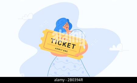 Une femme souriante et heureuse embrasse un grand billet jaune. Illustration vectorielle de concept moderne plat des personnes qui achètent des billets pour le cinéma ou d'autres événements. Consommateur Illustration de Vecteur