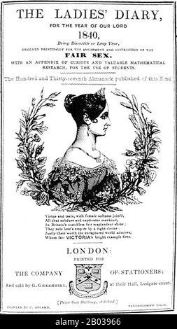 Couverture du journal des dames, Londres, Angleterre, 1840. Le journal des dames ou, Woman's Almanack, est apparu chaque année à Londres de 1704 à 1841 après quoi il a été remplacé par le journal des dames et des gentleman. Il a présenté des documents relatifs aux calendriers, etc., y compris les heures de lever et de coucher du soleil et les phases de la lune, ainsi que des dates importantes (éclipses, vacances, conditions scolaires, etc.), et une chronologie des événements remarquables. Banque D'Images