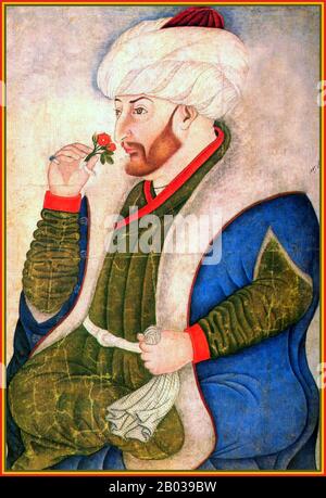 Mehmed II ou Sultan Mehmed le Conquérant (30 mars 1432 – 3 mai 1481) était le sultan de l'Empire ottoman deux fois, d'abord pour une courte période de 1444 à septembre 1446, et plus tard de février 1451 à 1481. À l'âge de 21 ans, il conquiert Constantinople et fit la fin de l'Empire byzantin, transformant l'État ottoman en empire. Mehmed a poursuivi ses conquêtes en Asie, avec la réunification anatolienne, et en Europe, en Bosnie et en Croatie. Mehmed II est considéré comme un héros national en Turquie, et entre autres choses, le pont Fatih Sultan Mehmet d'Istanbul, l'Université Fatih et Fatih C Banque D'Images