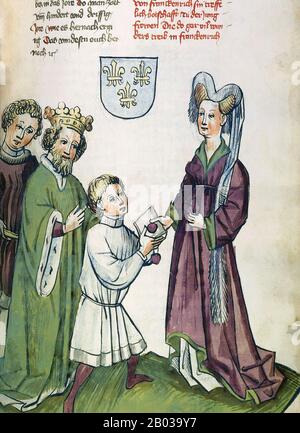 Sigismund (1368-1437), également connu sous le nom de Sigismund du Luxembourg, était le fils de l'empereur Charles IV et le jeune frère du roi Venceslas. Sigismund a été trahit à la princesse Marie, fille aînée du roi Louis le Grand de Hongrie et de Pologne, l'épousant en 1385 et devenant roi de Hongrie et de Croatie en 1387. Sigismund a dirigé la dernière croisade d'Europe occidentale, la croisade de Nicopolis, en 1396, menant une armée chrétienne combinée contre les Turcs. La croisade a été un désastre et s'est terminée par la défaite, Sigismund étant emprisonné et déchu en 1401 à son retour en Hongrie, bien qu'il reprenne plus tard Banque D'Images