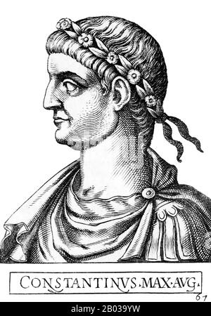 Constantin I (272-337), aussi connu sous le nom de Constantin le Grand et Saint Constantin, était le fils de l'empereur Constantius. Son père l'a envoyé vers l'est pour servir sous Emperors Dioclétien et Galerius, passant quelque temps dans la cour de ce dernier. Après la mort de son père en 306, Constantin a été proclamé son successeur et empereur par son armée à Ebacarum (York). Au début, il est resté officiellement neutre dans les efforts de l'empereur Galerius pour vaincre l'usurier Maxentius, mais après la mort de Galerius, Constantin a finalement été traîné dans le conflit. Il a finalement vaincu Maxentius en 312, puis foug Banque D'Images