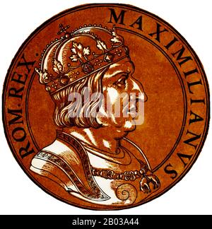 Maximilian I (22 mars 1459 – 12 janvier 1519), fils de Frédéric III, empereur romain Saint, Et Eleanor du Portugal, était roi des Romains (aussi connu comme roi des Allemands) de 1486 et empereur romain Saint de 1508 jusqu'à sa mort, bien qu'il n'ait jamais été couronné par le Pape, le voyage à Rome était toujours trop risqué. Il avait dirigé avec son père pendant les dix dernières années du règne de son père, de c. 1483. Il étendit l'influence de la Maison des Habsbourg par la guerre et son mariage en 1477 à Marie de Bourgogne, héritière du duché de Bourgogne, mais il perdit aussi l'Aus Banque D'Images