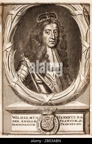 William III d'Angleterre (1650-1702), communément connu sous le nom de William d'Orange et en Écosse sous le nom de William II (officieusement appelé le roi Billy), était un prince hollandais d'Orange. Baptisé William Henry, il était Stadtholder de Hollande, Zélande, Gueldre, Overijssel et Utrecht en République néerlandaise. Il a hérité la principauté d'Orange de son père, William II, qui est mort de la variole une semaine avant la naissance de son fils; sa mère Marie était la fille du roi Charles I d'Angleterre. William, en tant que protestant, a participé à plusieurs guerres contre le roi Louis XIV de France, qui était catholique, devenant champi Banque D'Images