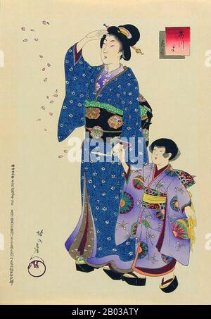 Toyohara Chikanobu, mieux connu pour ses contemporains comme Yōshū Chikanobu, était un artiste prolifique de la période Meiji au Japon. Ses œuvres capturent la transition de l'âge du samouraï à la modernité Meiji. En 1875 (Meiji 8), il décide d'essayer de faire vivre un artiste. Il s'est rendu à Tokyo. Il a trouvé du travail comme artiste pour le Kaishin Shimbun. En outre, il a produit des œuvres d'art nishiki-e. Dans ses jours plus jeunes, il avait étudié l'école de peinture de Kanō; mais son intérêt a été tiré à ukiyo-e. Comme beaucoup d'artistes ukiyo-e, Chikanobu a tourné son attention vers une grande variété de sujets Banque D'Images