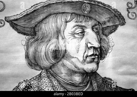 Maximilian I (22 mars 1459 – 12 janvier 1519), fils de Frédéric III, empereur romain Saint, Et Eleanor du Portugal, était roi des Romains (aussi connu comme roi des Allemands) de 1486 et empereur romain Saint de 1508 jusqu'à sa mort, bien qu'il n'ait jamais été couronné par le Pape, le voyage à Rome était toujours trop risqué. Banque D'Images