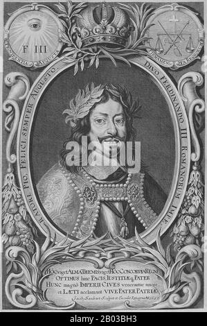 Ferdinand III (1608-1657) était le fils aîné de l'empereur Ferdinand II Il devient Archiduc d'Autriche en 1621, roi de Hongrie en 1625 et roi de Bohême en 1627. Ferdinand a été nommé chef de l'armée impériale en 1634 pendant la guerre de trente Ans et a été vital pour la négociation de la paix de Prague en 1635, la même année qu'il a été élu roi d'Allemagne. Quand son père meurt en 1637, il lui succède en tant qu'empereur romain Saint. Banque D'Images
